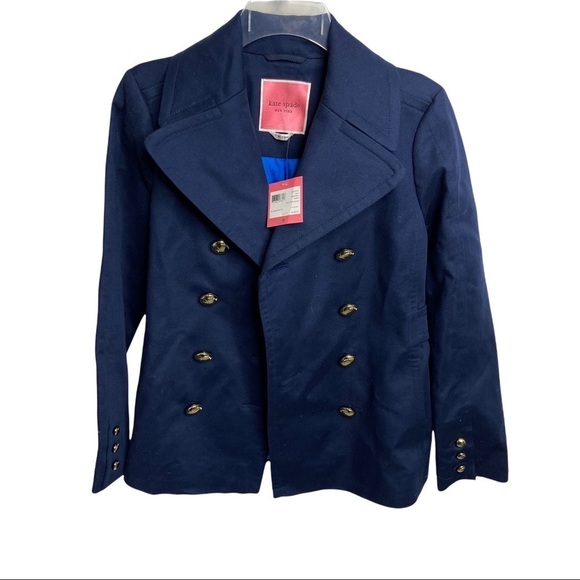 NWT Kate Spade Size 0 Double Breasted Cotton Classic Peacoat Squidink Blue $448 - Picture 3 of 7